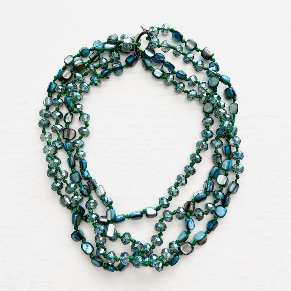 Aqua Turquoise Multi-Strand Abalone Crystal Beaded Necklace - Adjustable Length